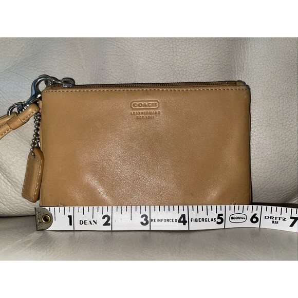 Coach Top Zip Wristlet Strap Mini Wallet Soft Leather Tan Brown - Picture 2 of 11